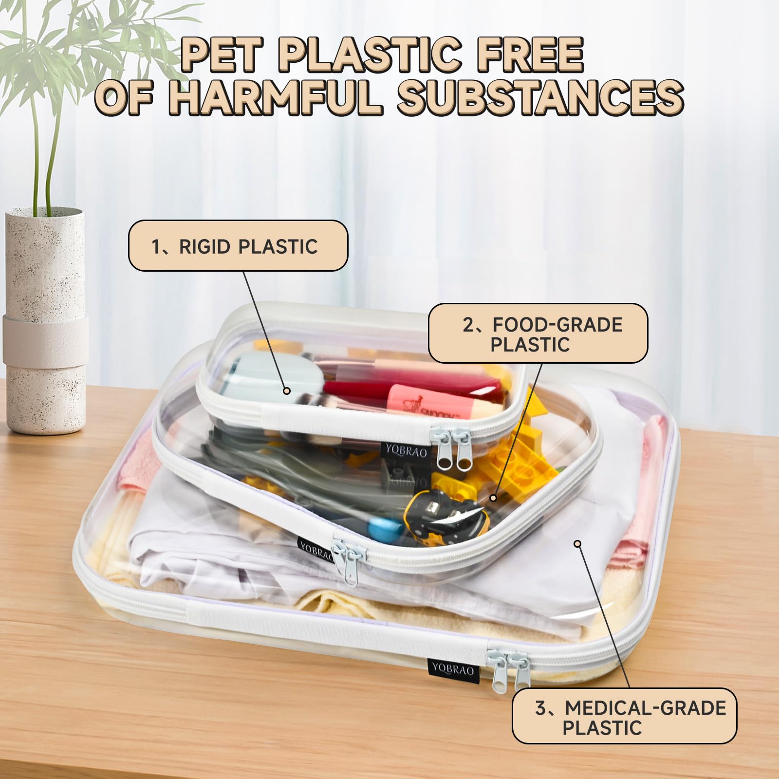 YQBRAO clear hard-shell zipper case emphasizing durability and visibility in storage