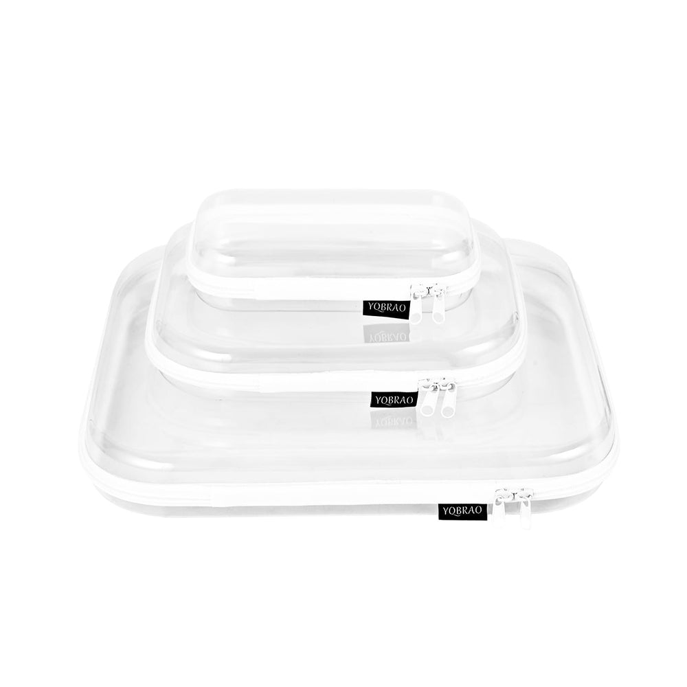 YQBRAO hard-sided clear zipper case close-up showing durable BPA-free plastic for quick access