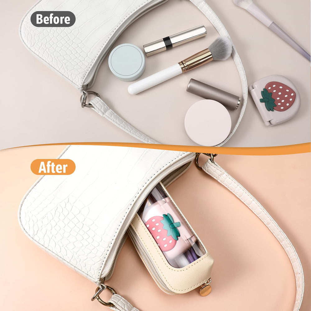 YQQYG makeup brush bag leather texture close-up highlights scratch-resistant surface.