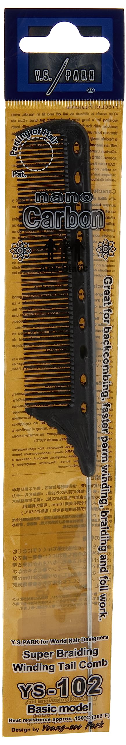 Y.S. Park YS-102 carbon black comb in backcombing and perm winding scenarios