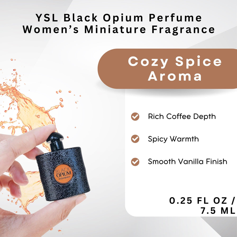 YSL Black Opium mini cap close-up highlighting compact travel-size design.