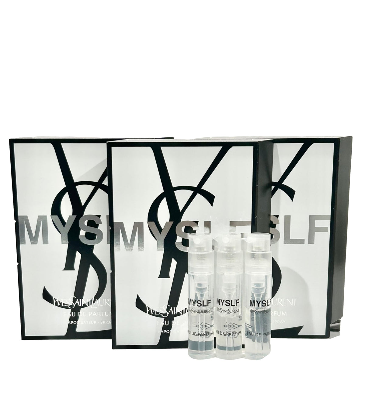 YSL MYSLF sample spray travel pack with three compact vials for on-the-go fragrance.