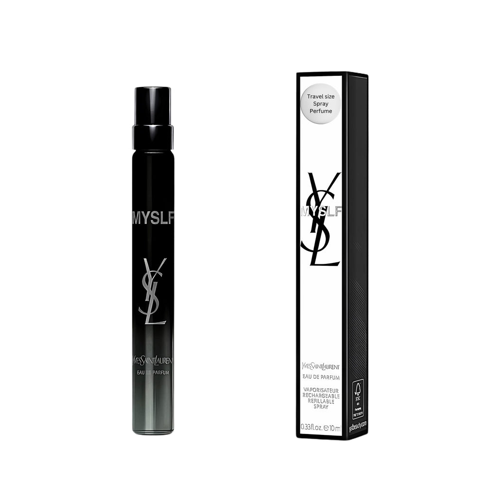 YSL MYSLF travel spray bottle close-up with black lacquer finish for on-the-go confidence