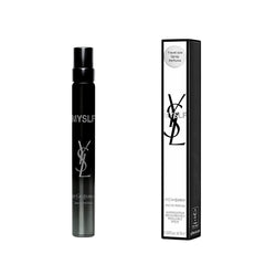 YSL MYSLF travel spray bottle close-up with black lacquer finish for on-the-go confidence