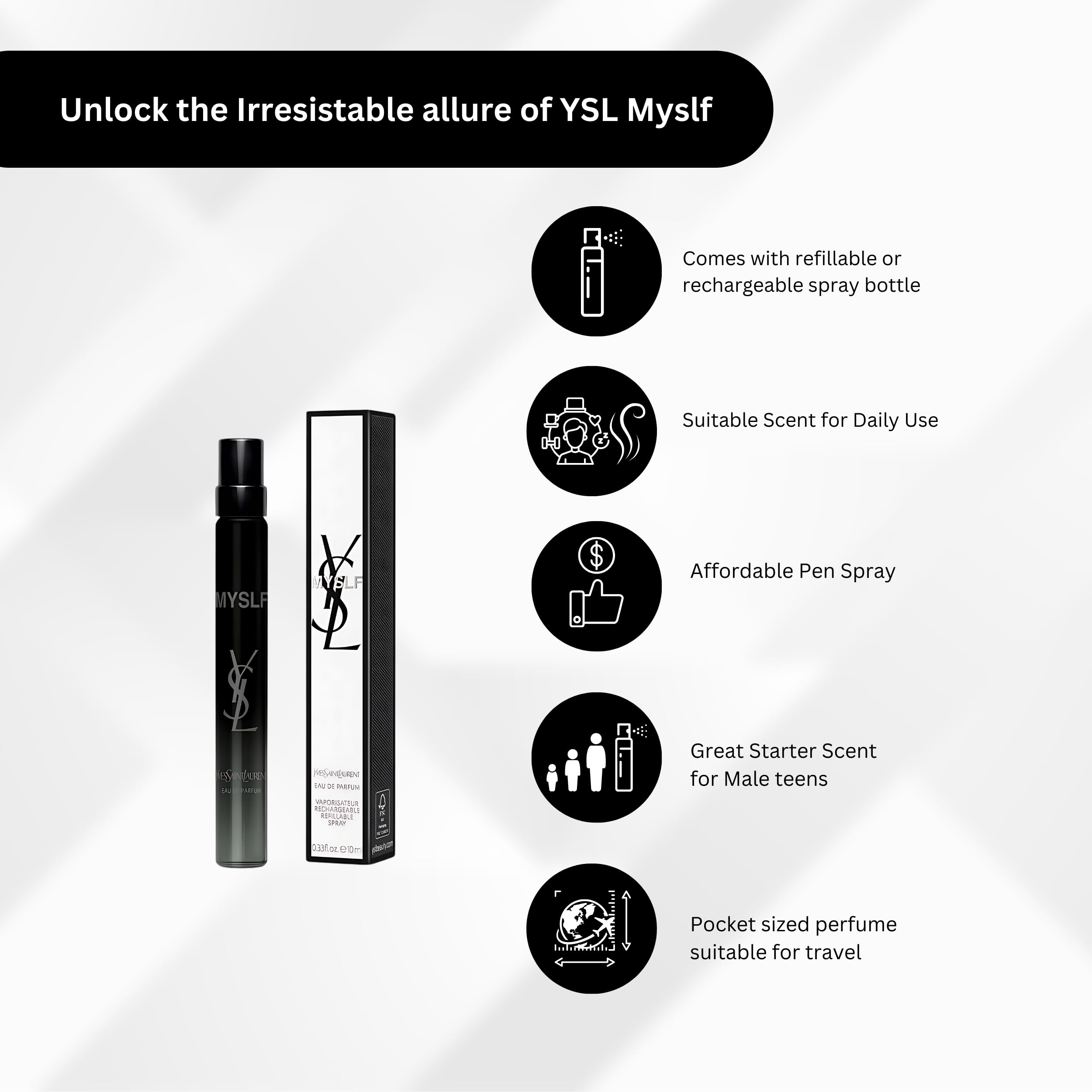 YSL MYSLF bottle highlighting woody floral notes for a distinctive signature moment