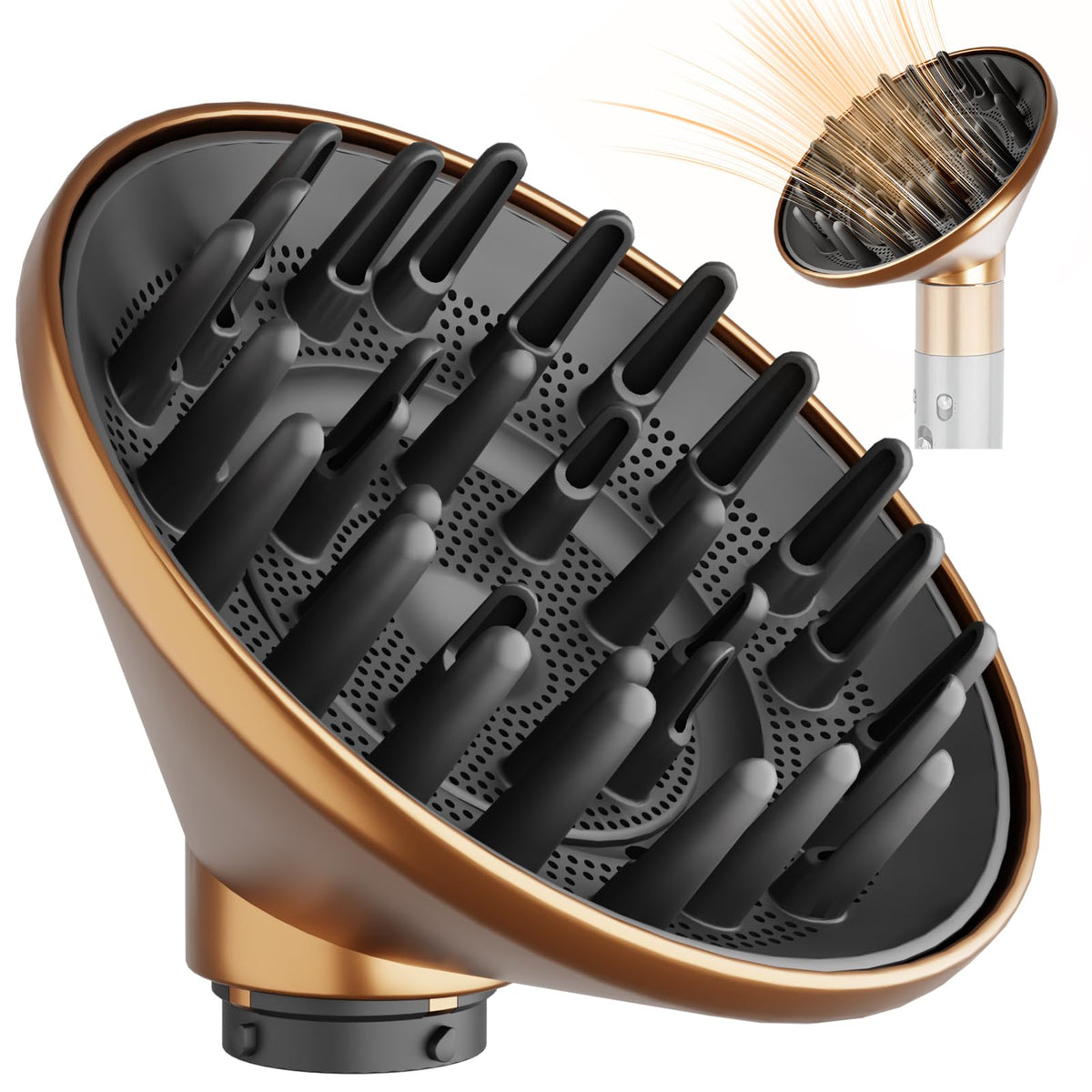 YTCHYYSK large diffuser attachment for Dyson Airwrap in gold accelerates drying on thick hair.