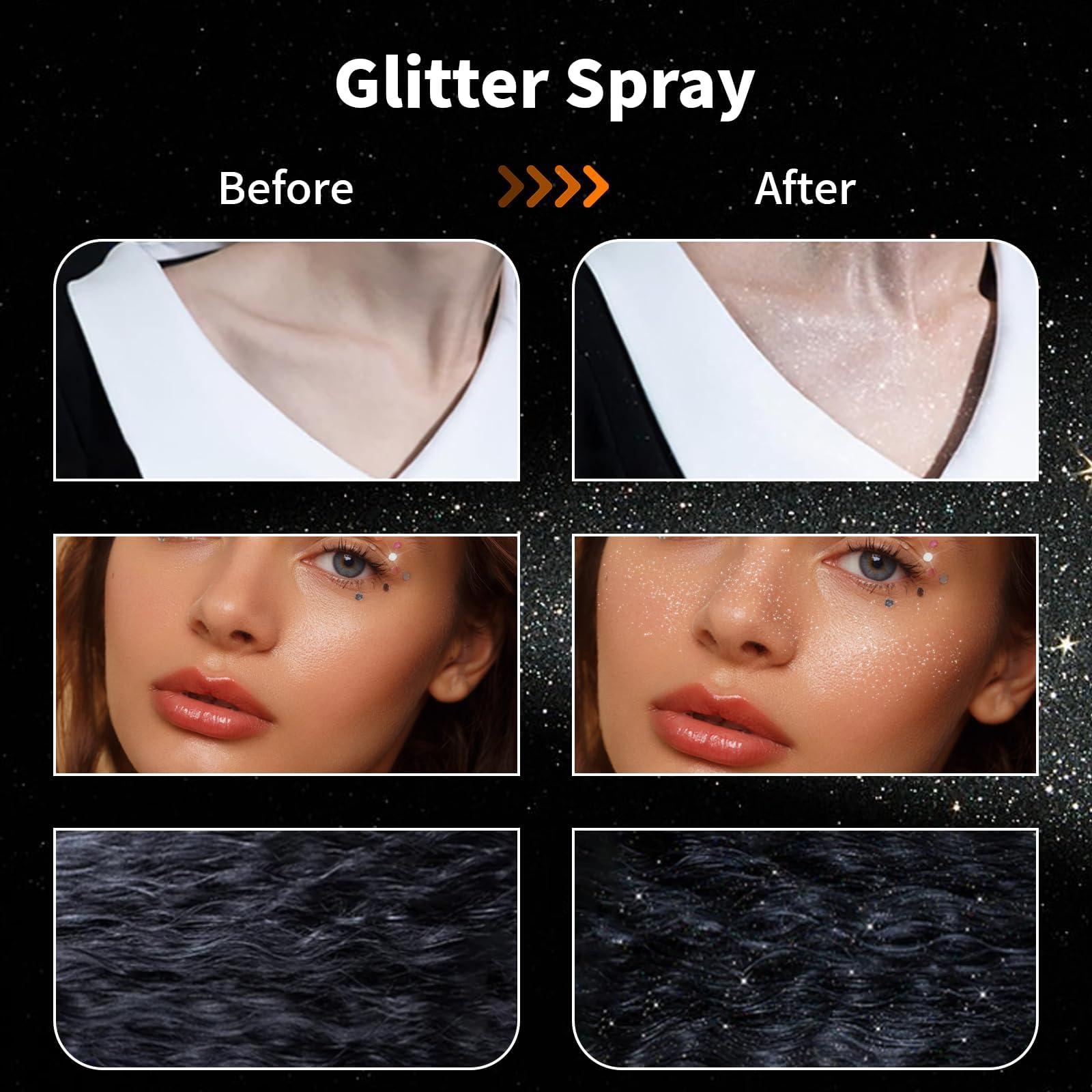 YTRUNS glitter spray application demonstrates fast, easy shimmer for makeup and hair.