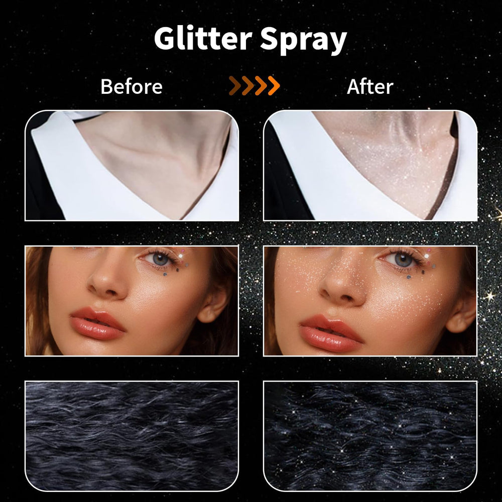 YTRUNS glitter spray application demonstrates fast, easy shimmer for makeup and hair.
