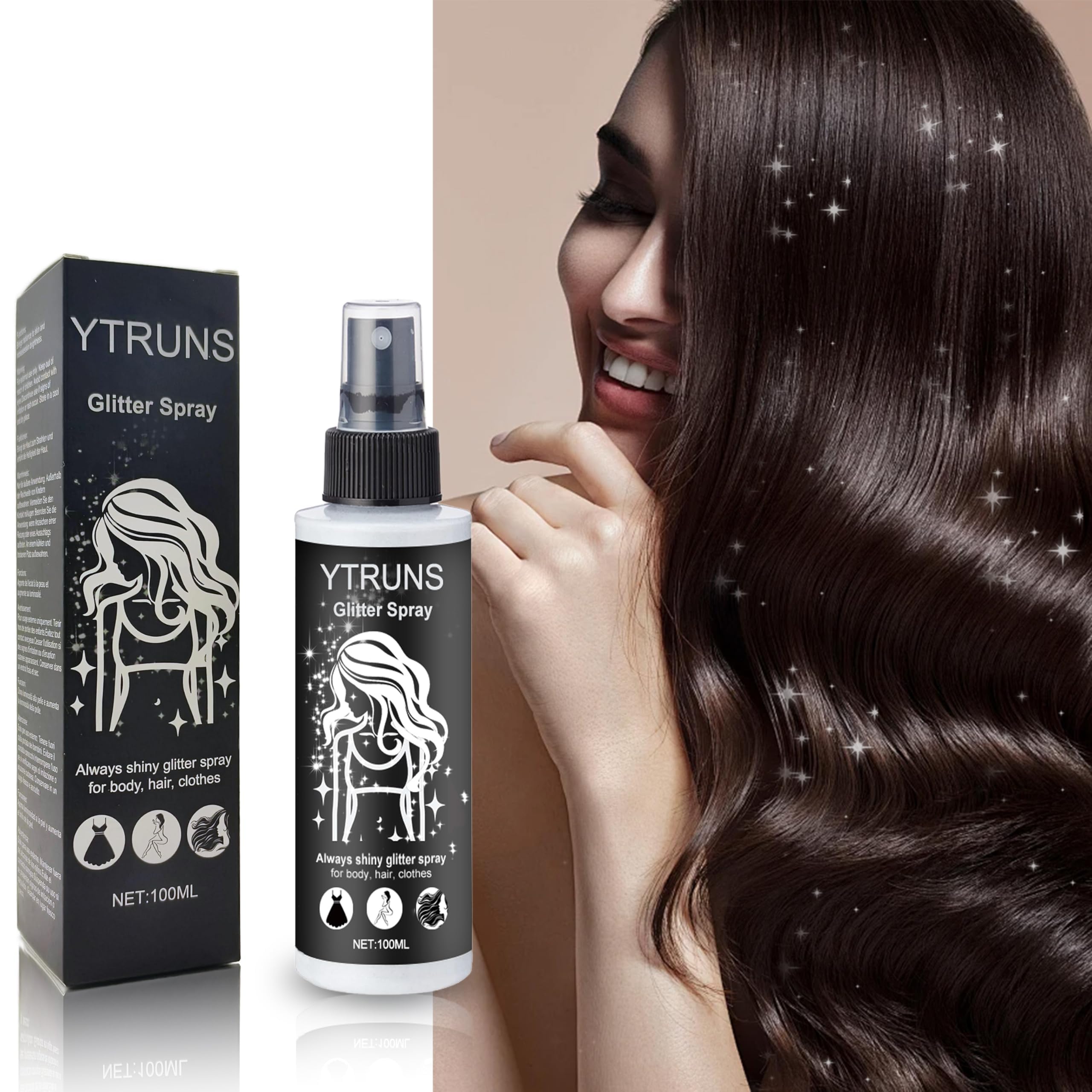YTRUNS glitter spray creates a complete festival look with coordinated shine.