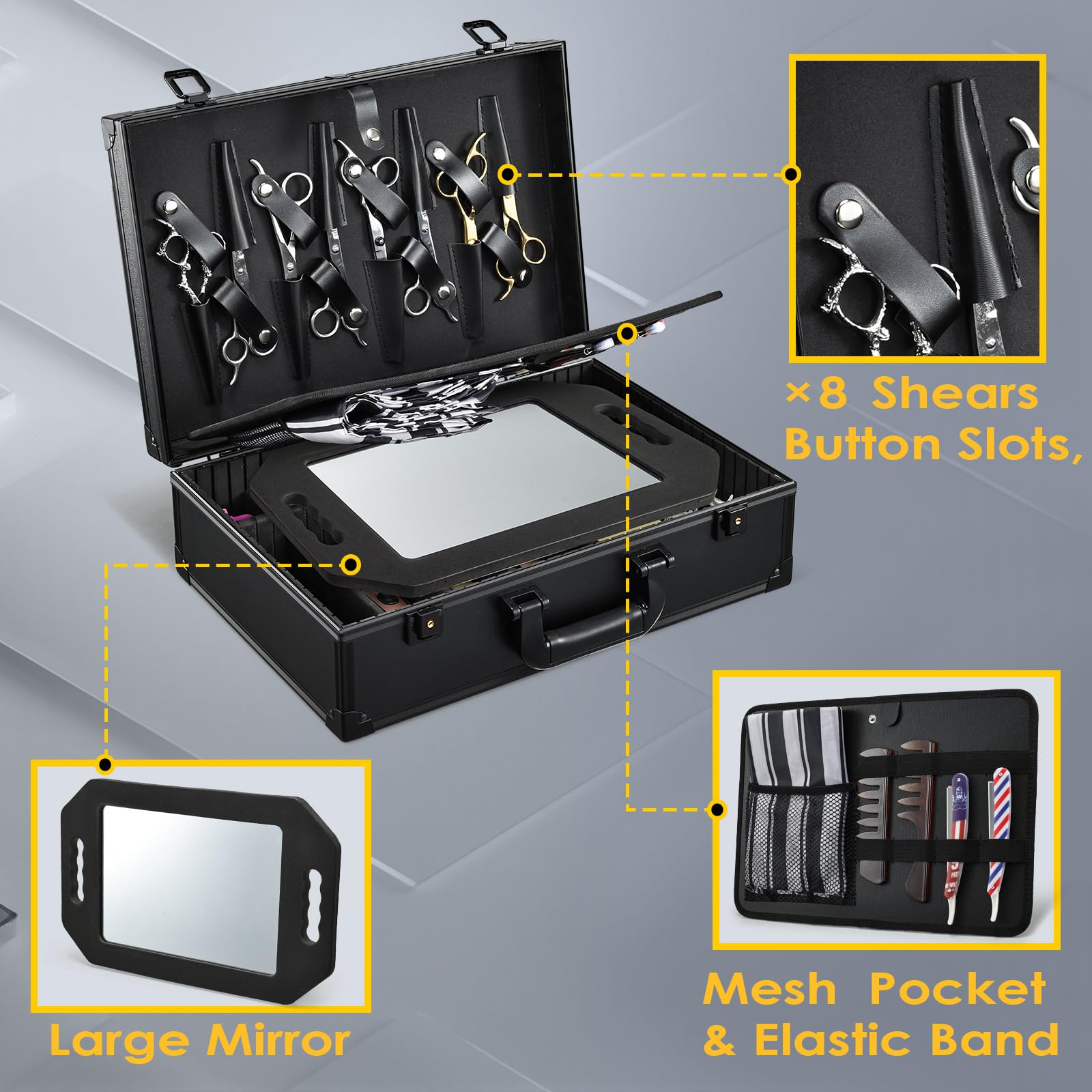 Yueieoun Barber Accessory Case bottom compartment with adjustable dividers for clippers and guards.