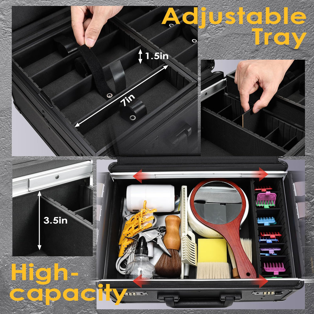 Yueieoun barber case bottom compartment stores extra tools for complete kits.