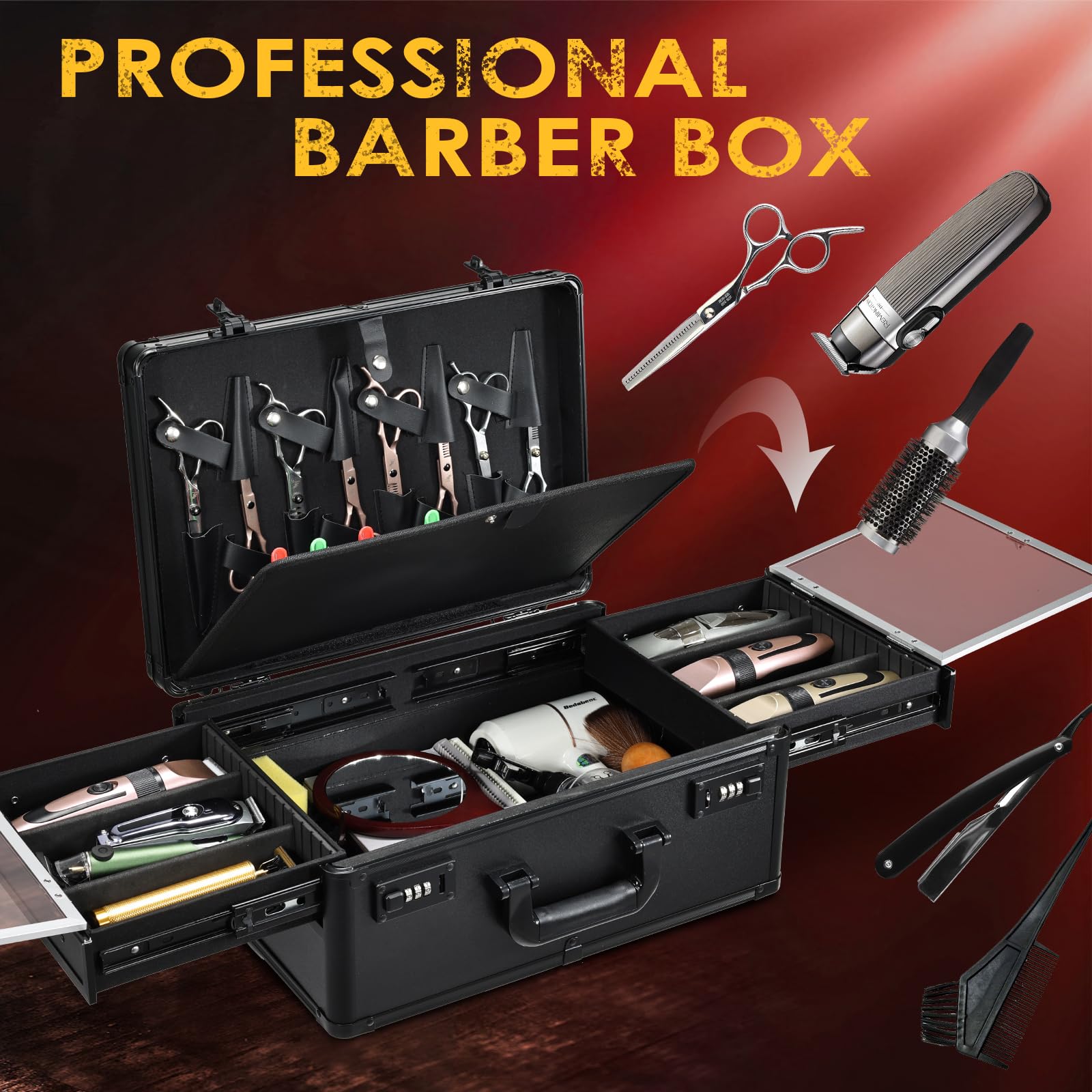 Yueieoun Barber Case clear lids protecting tools while displayed