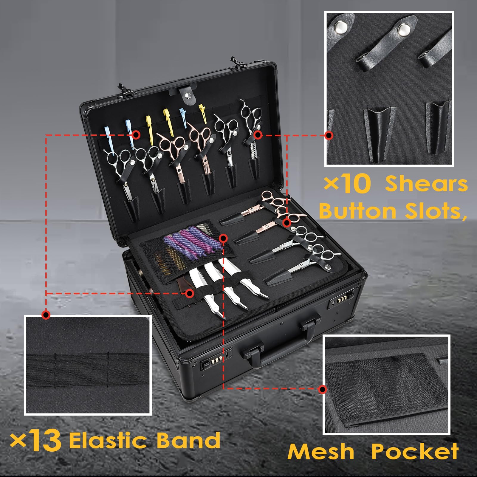 Yueieoun barber case lock buckle demonstrates secure transport for travel-ready setups.