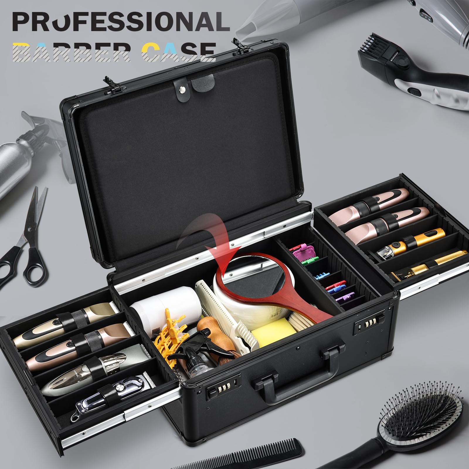 Yueieoun barber case top view shows accessible trays for quick tool access.
