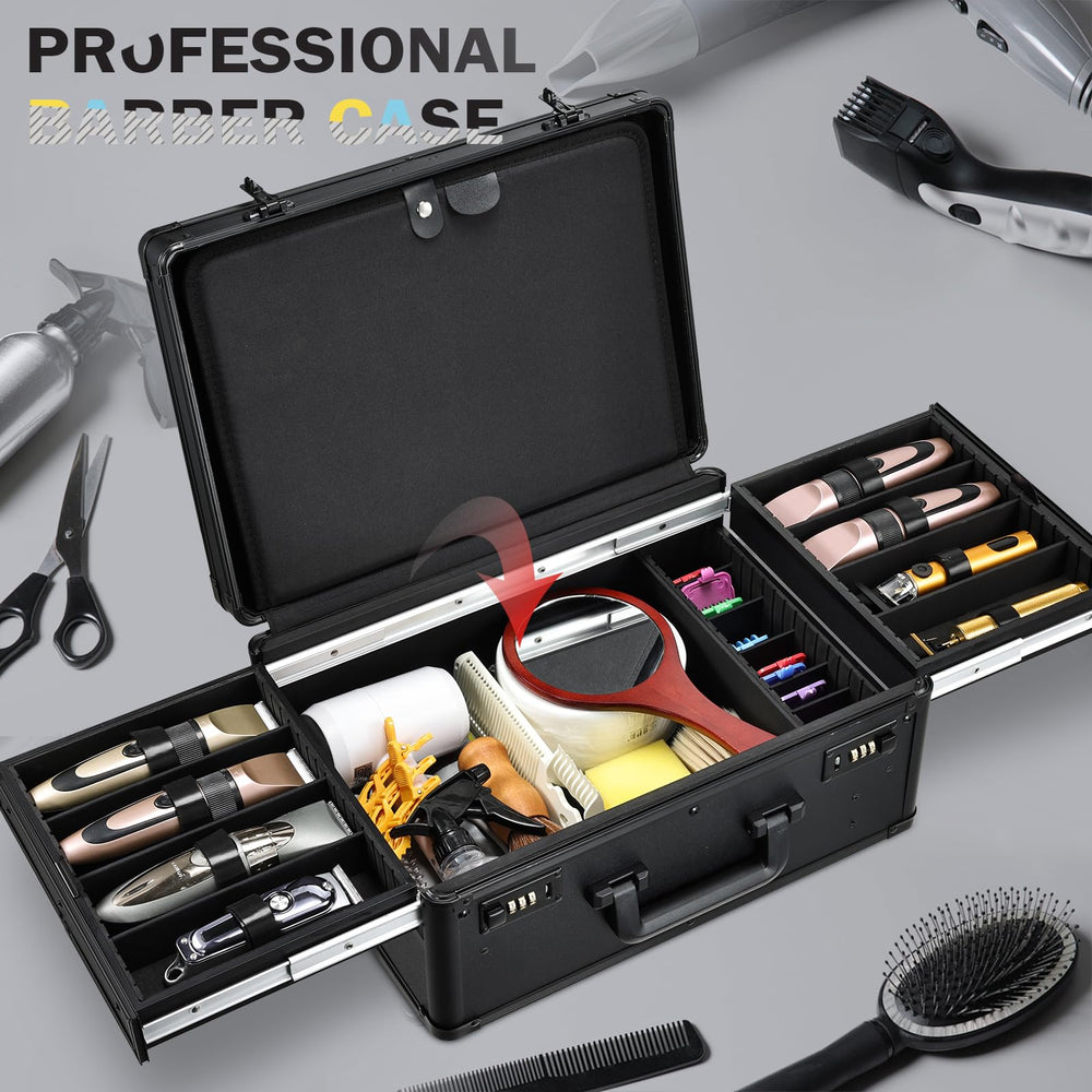 Yueieoun barber case top view shows accessible trays for quick tool access.