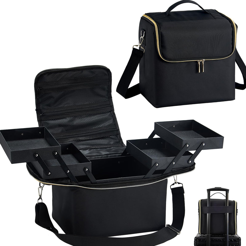 Yueieoun large travel makeup case open trays for easy cosmetics organization on the go