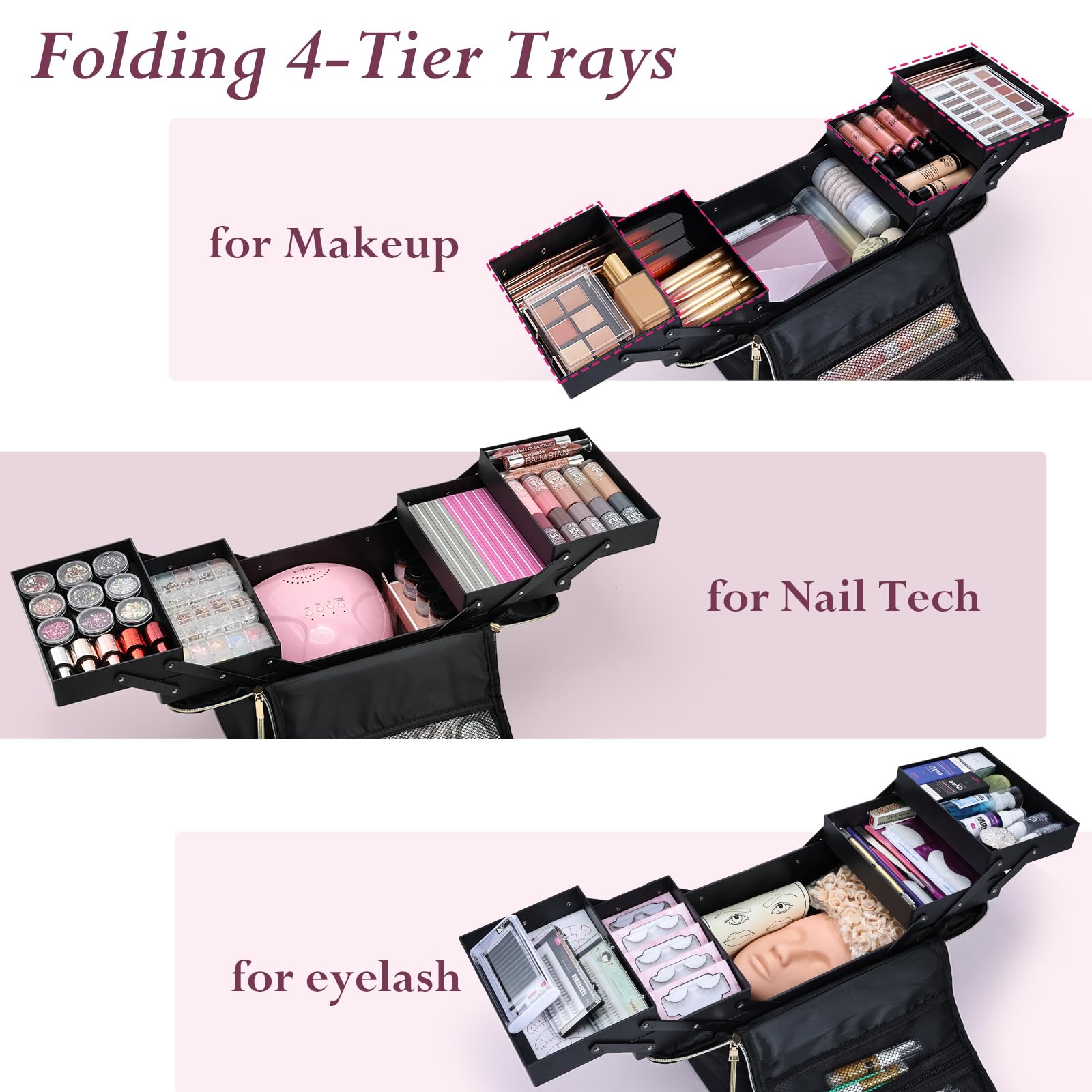Yueieoun travel makeup case side view showcasing sturdy structure and storage capacity