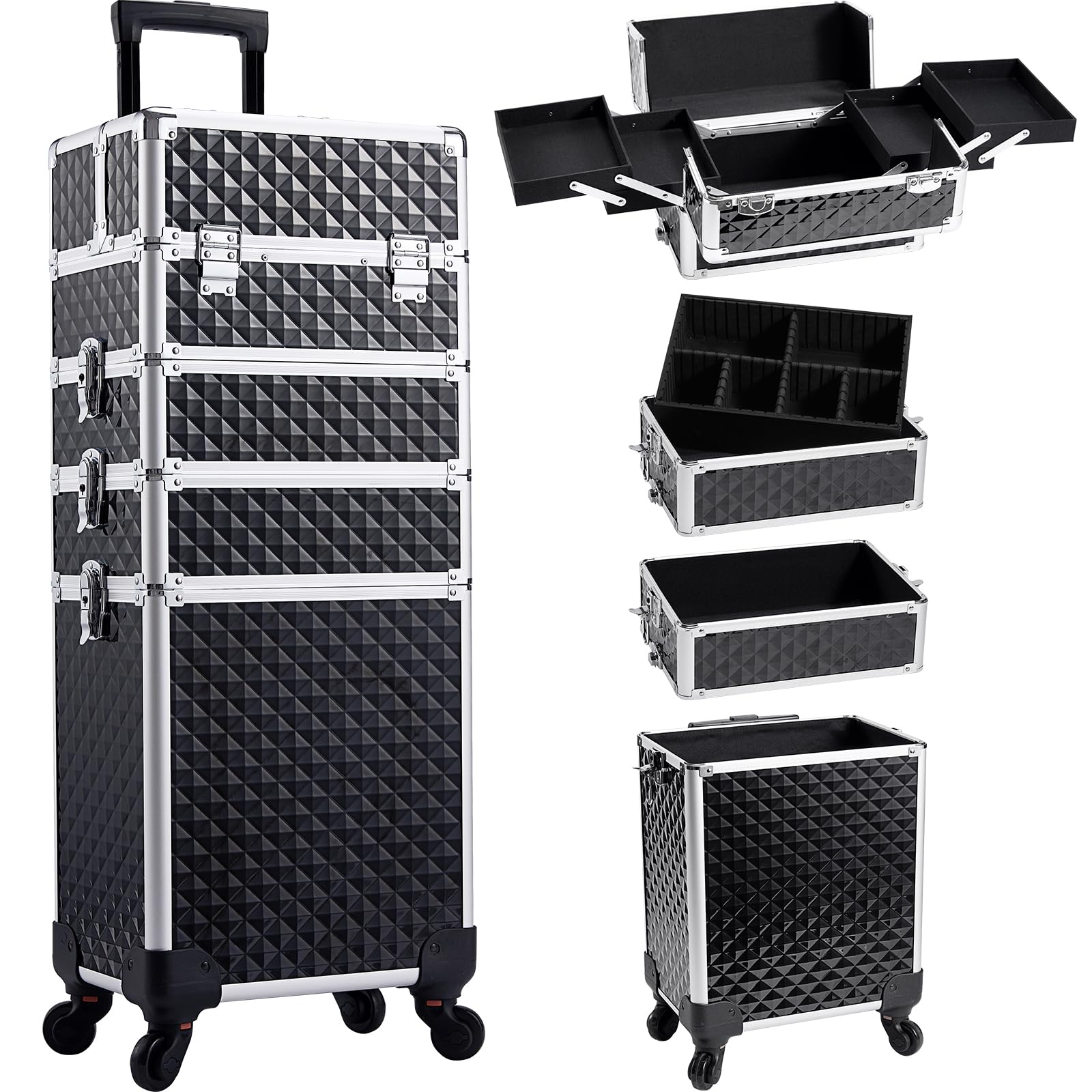 Yueieoun rolling makeup train case front view shows portable organization for on-the-go artists.