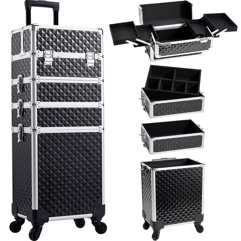 Yueieoun rolling makeup train case front view shows portable organization for on-the-go artists.