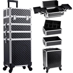 Yueieoun rolling makeup train case front view shows portable organization for on-the-go artists.
