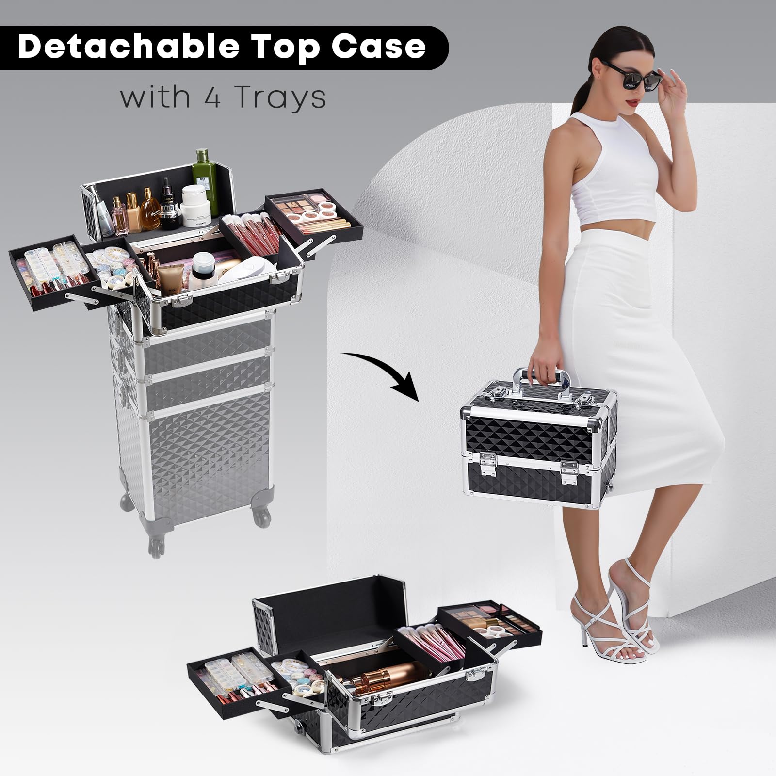 Yueieoun rolling makeup train case lock system secures tools during transit.