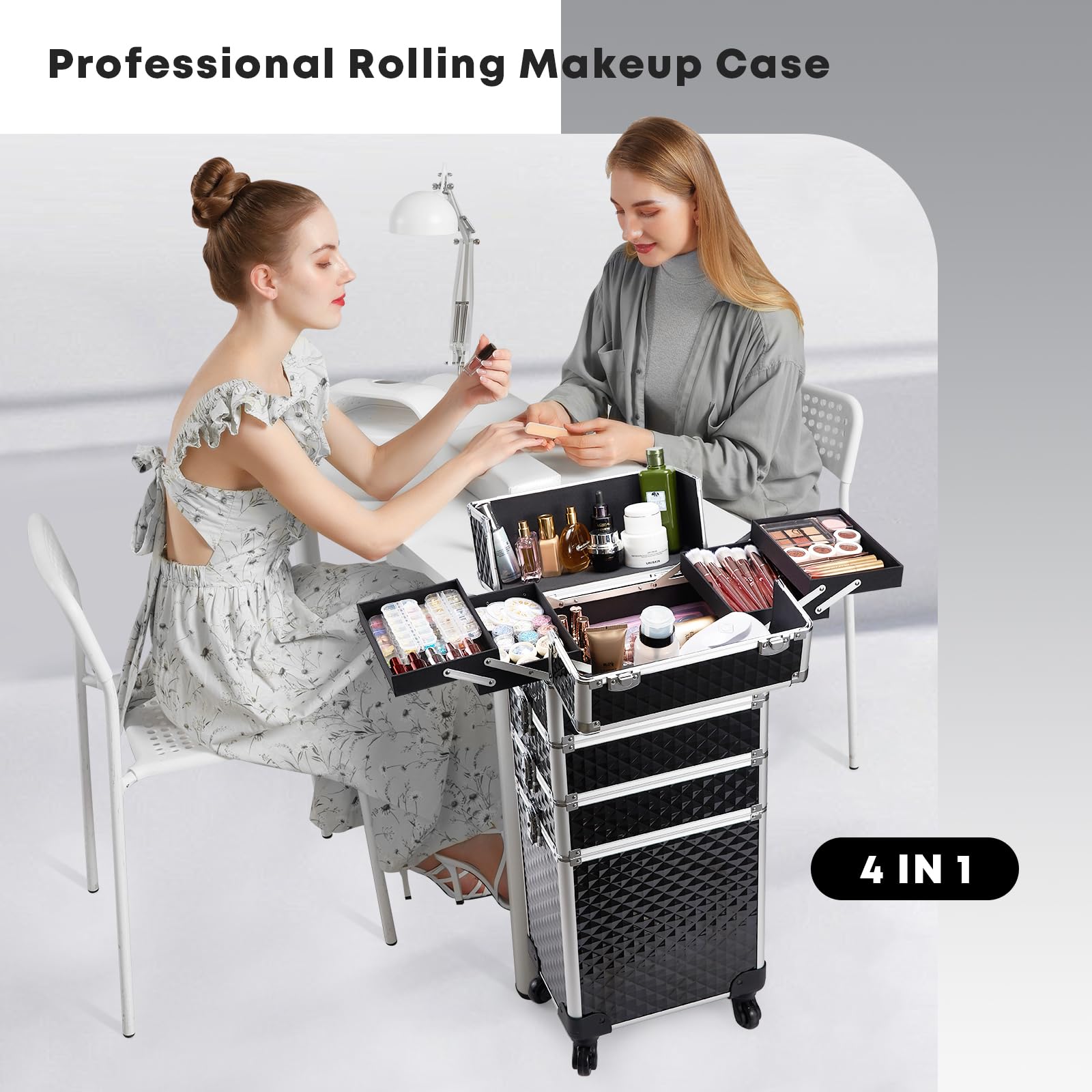 Yueieoun rolling makeup train case side wheels enabling smooth travel.