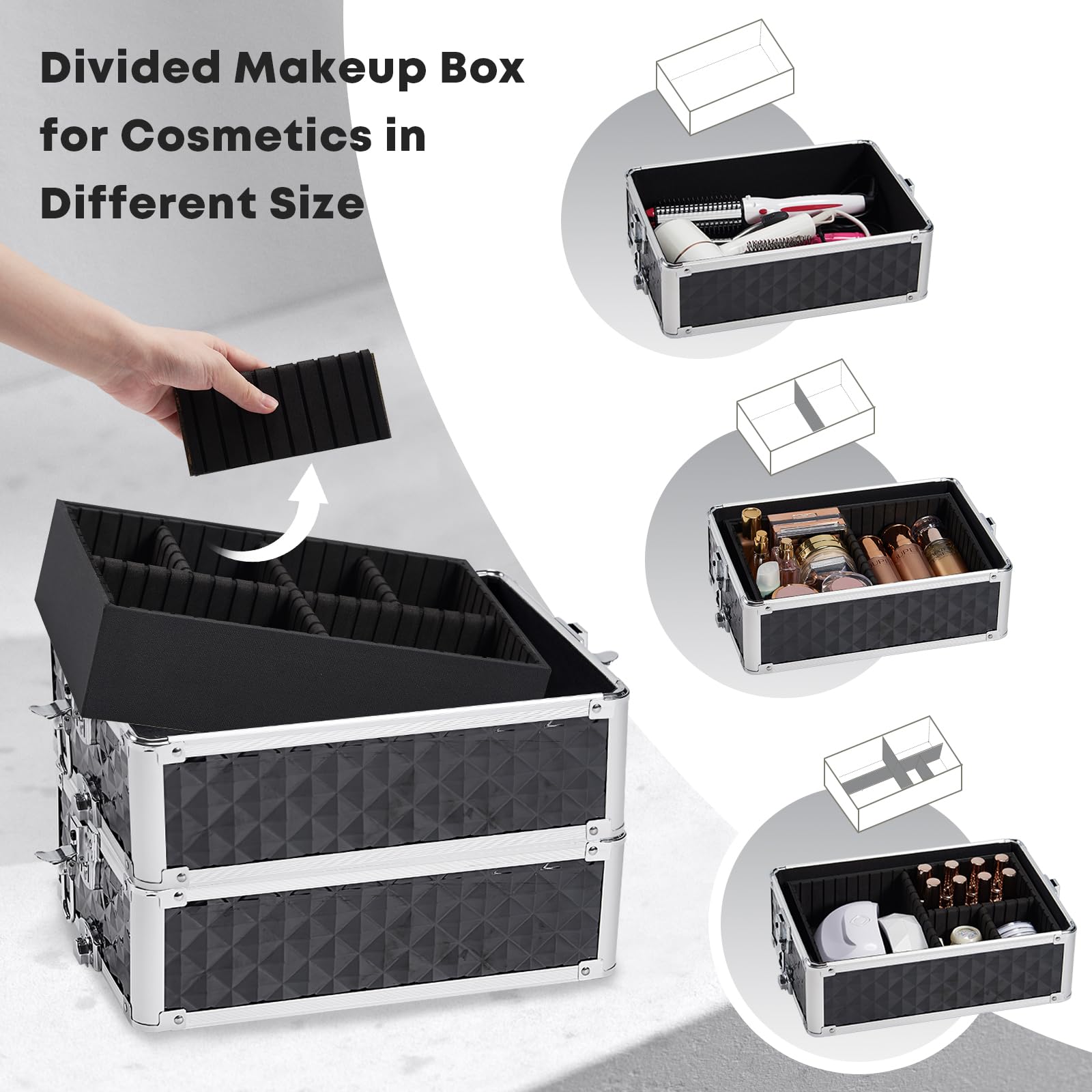 Yueieoun rolling makeup train case top compartment ideal for daily essentials.