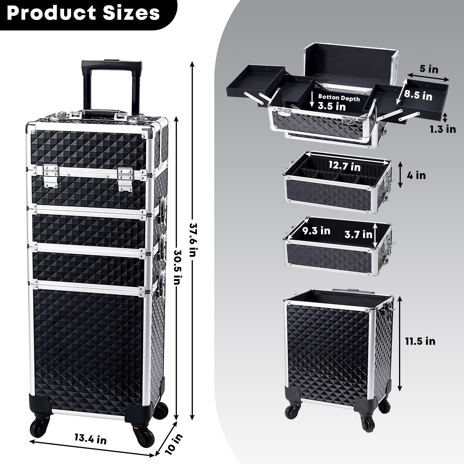 Yueieoun rolling makeup train case drawer trays details for secure storage of tools.