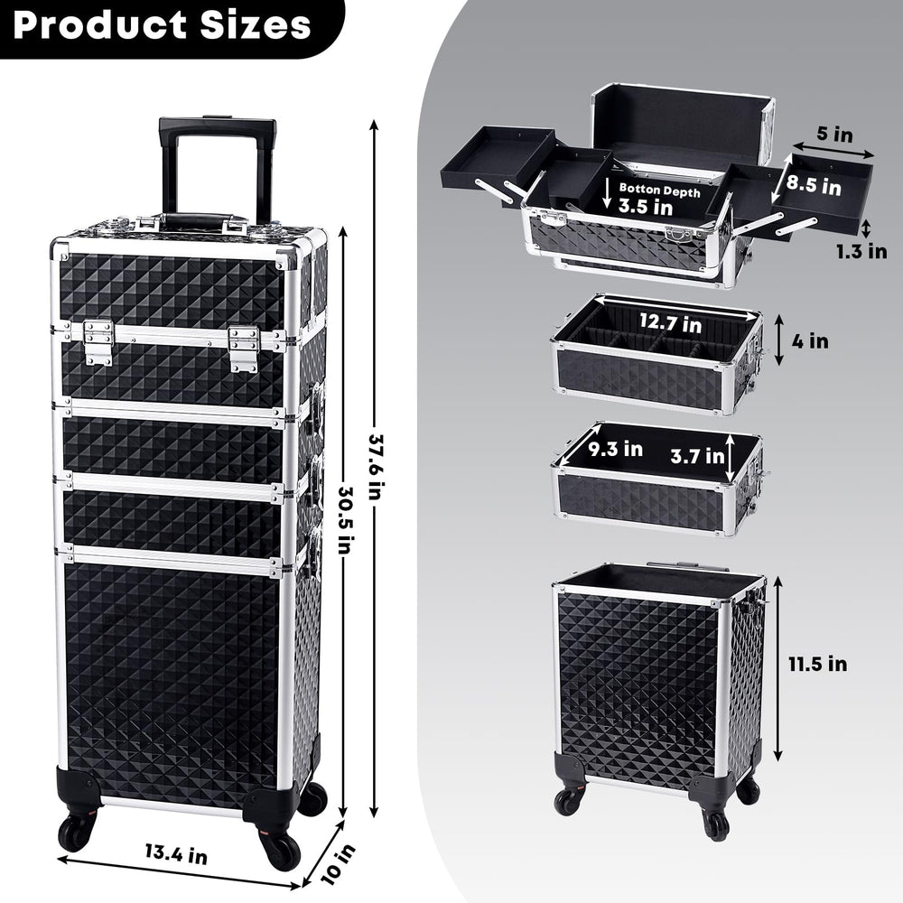 Yueieoun rolling makeup train case drawer trays details for secure storage of tools.