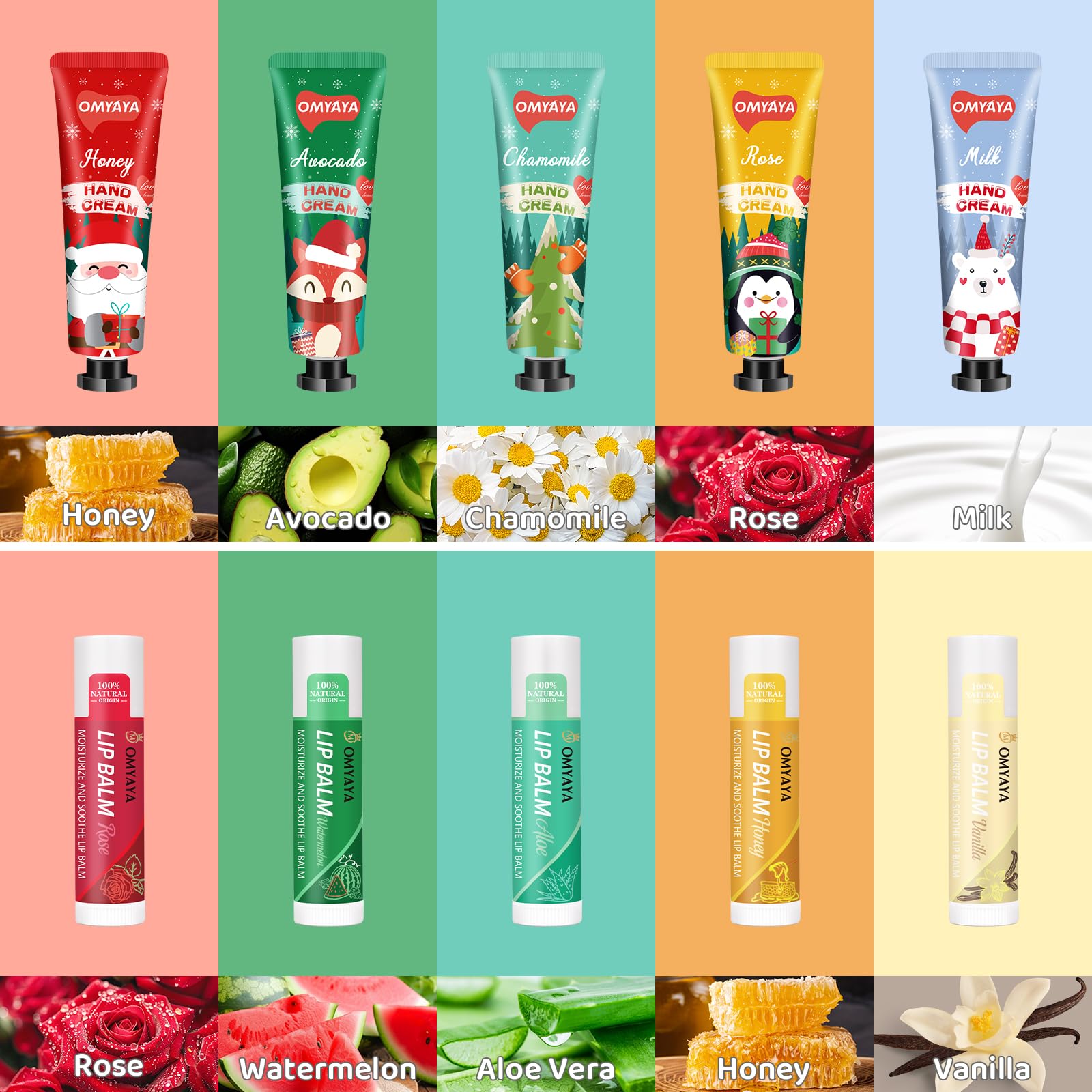 YUEONEWIN lip balms in rose, honey, vanilla, watermelon on display