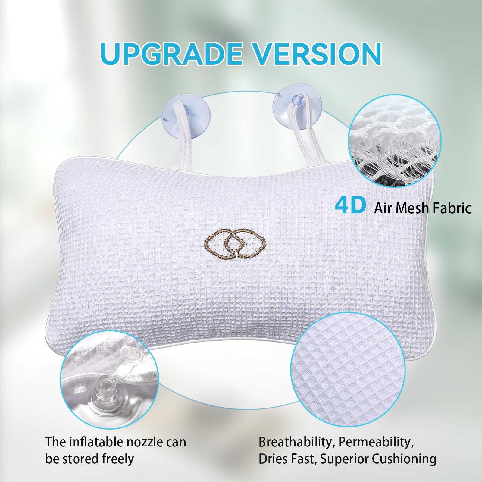 YUET bathtub pillow inflates via PVC bag and stores compactly for travel.