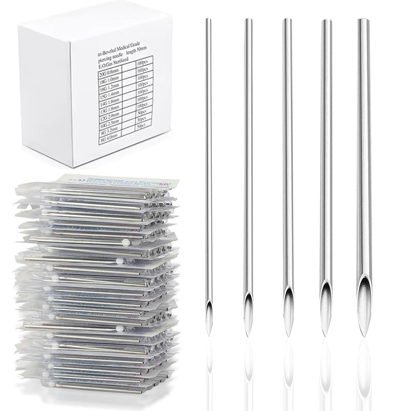 Yugui 100pcs piercing needles kit in mixed gauges for versatile body piercings.