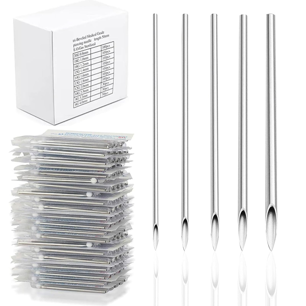 Yugui 100pcs piercing needles kit in mixed gauges for versatile body piercings.