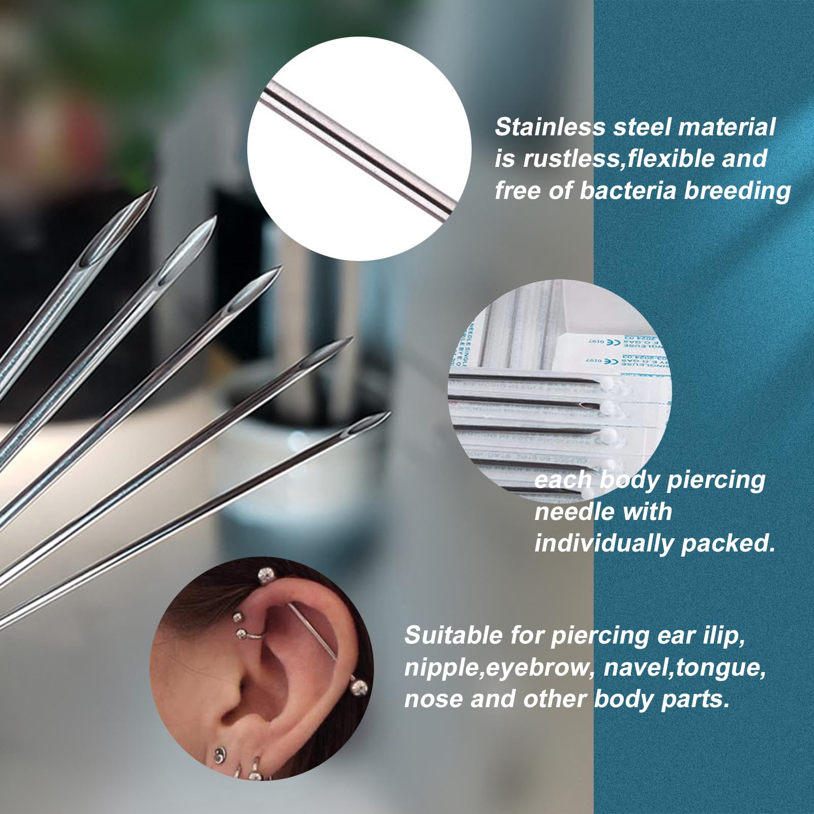 Yugui needles fit standard jewelry for multiple body part piercings.
