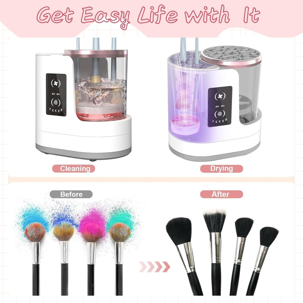 Yuliana electric cleaner in action drying brushes quickly, enabling faster morning routines.