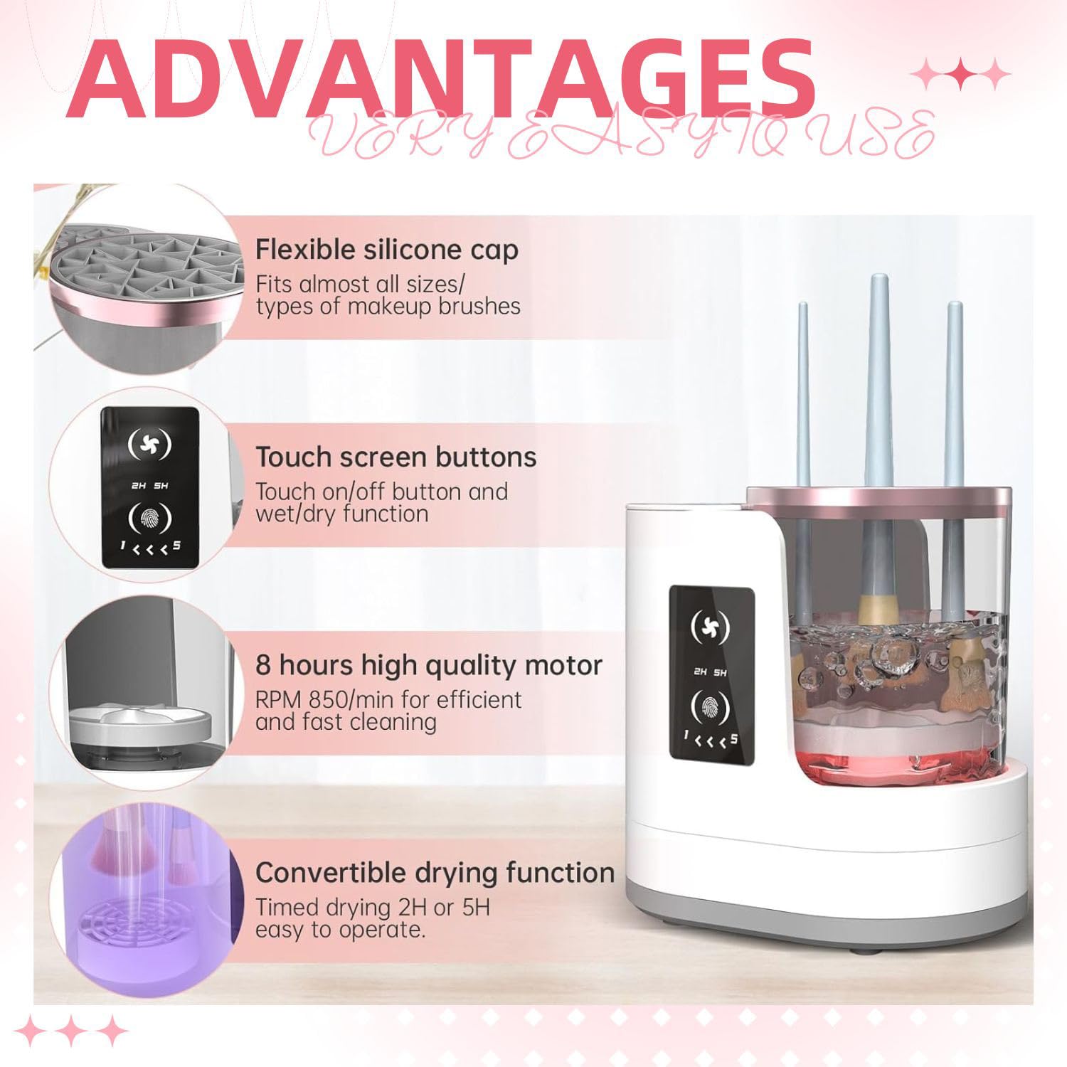 Yuliana cleaner dries brushes quickly, reducing wait time between applications.