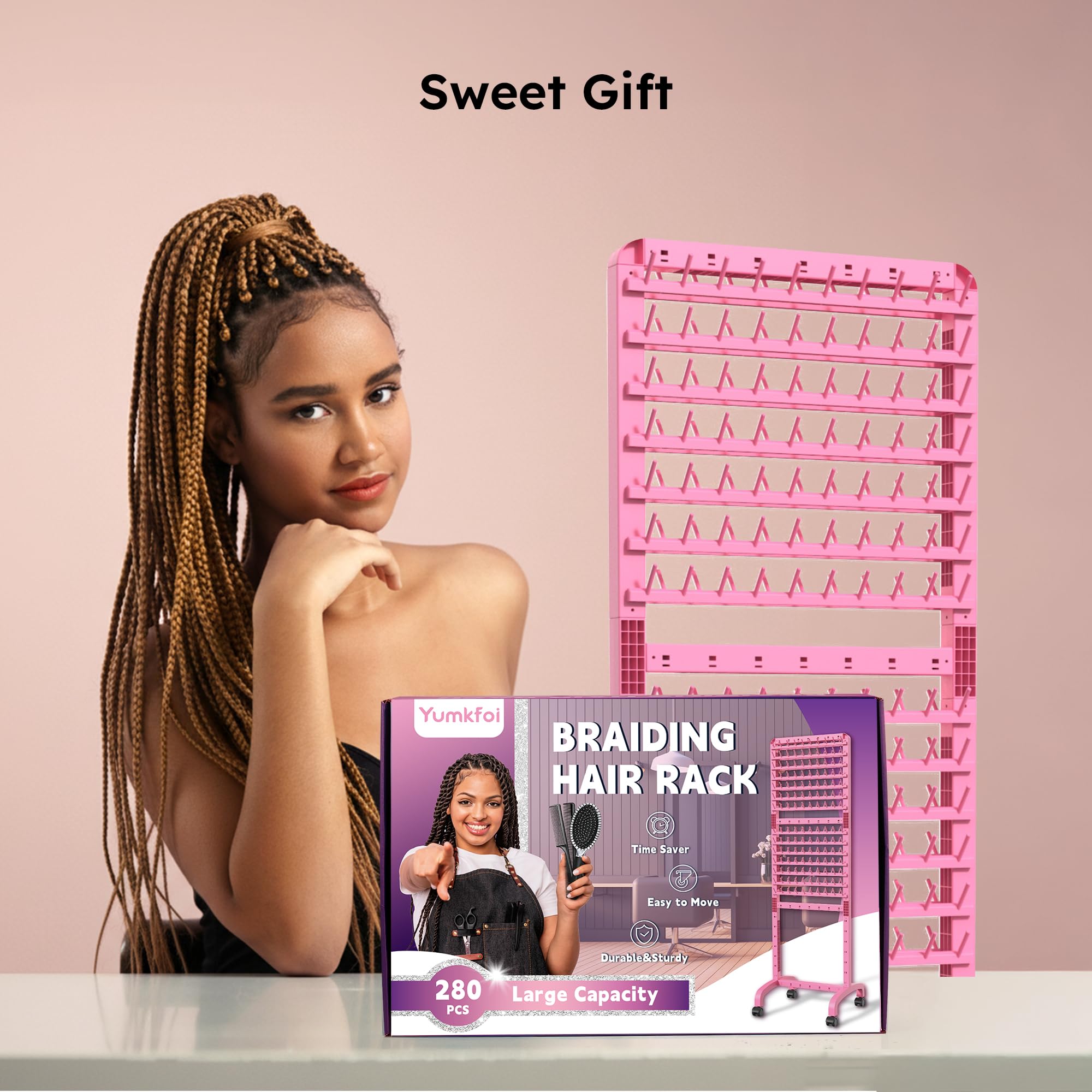 Yumkfoi rack used by a stylist in a studio for organized braiding