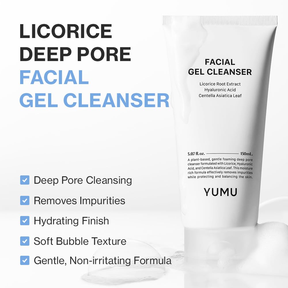 YUMU Licorice Cleanser gel texture close-up promises hydrating, non-drying cleanse.