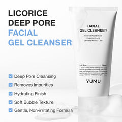 YUMU Licorice Cleanser gel texture close-up promises hydrating, non-drying cleanse.