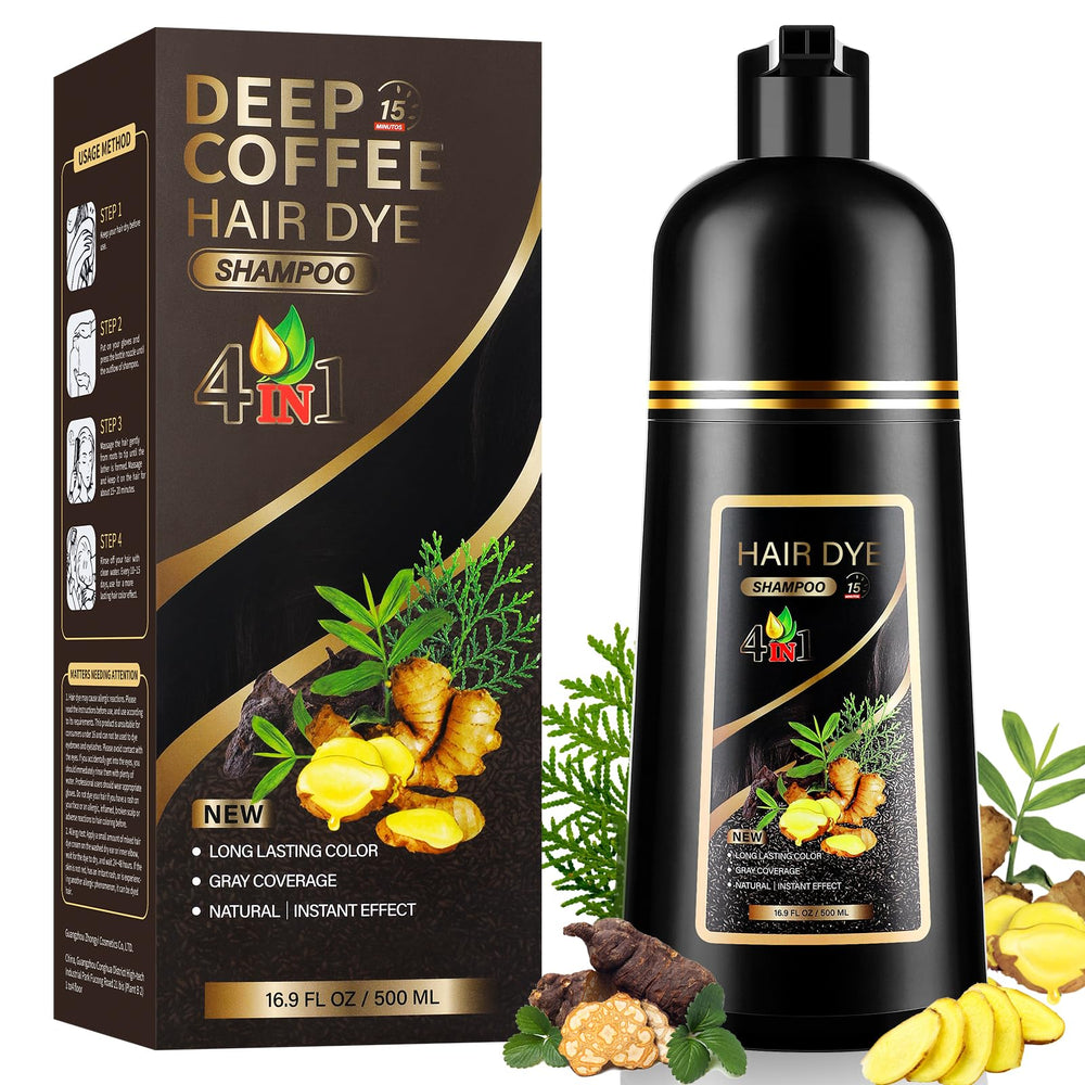 YUOLITA 4-in-1 dark brown dye shampoo bottle shows color‑depositing and nourishing care