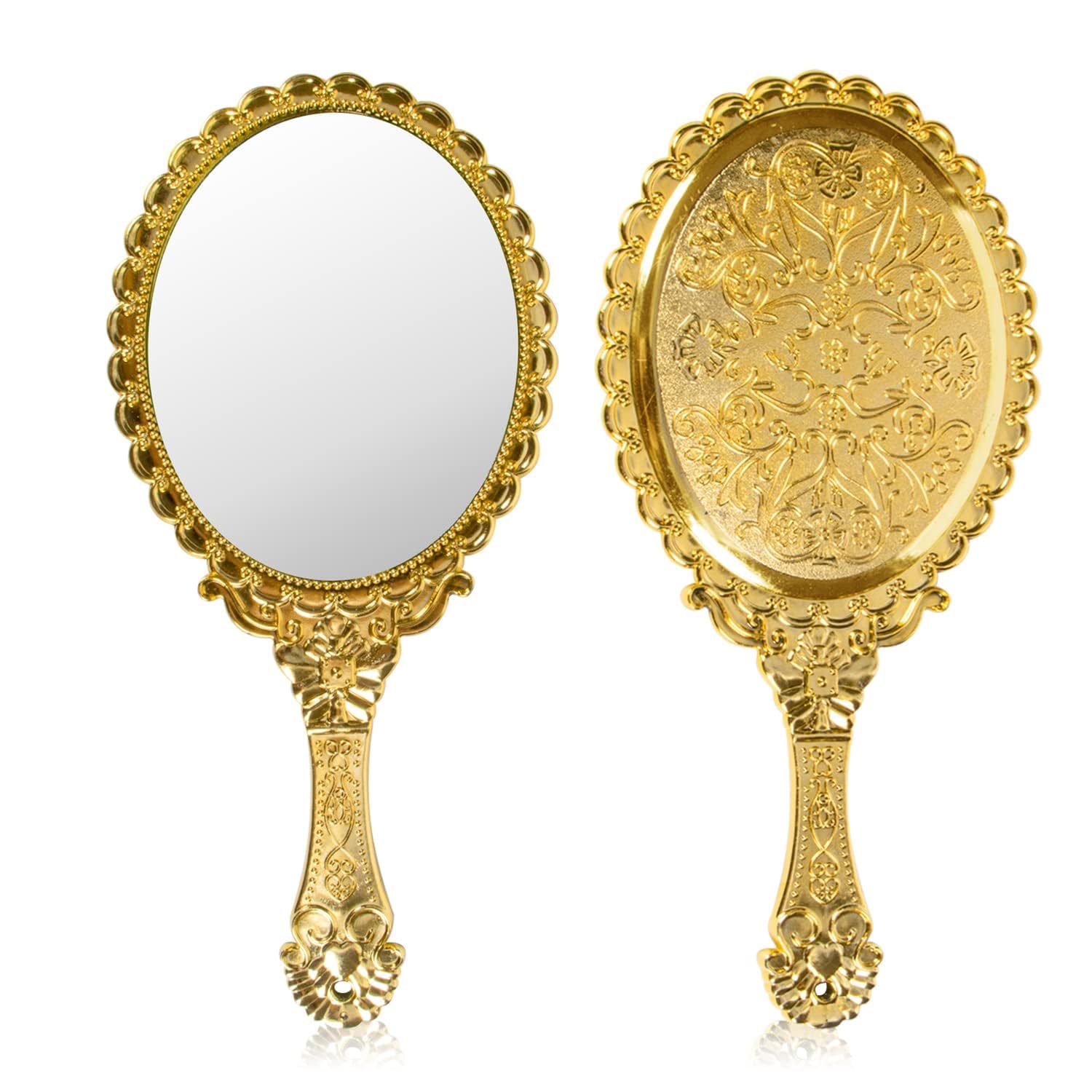 YUSONG vintage handheld mirror with gold-embossed florals for elegant daily makeup.