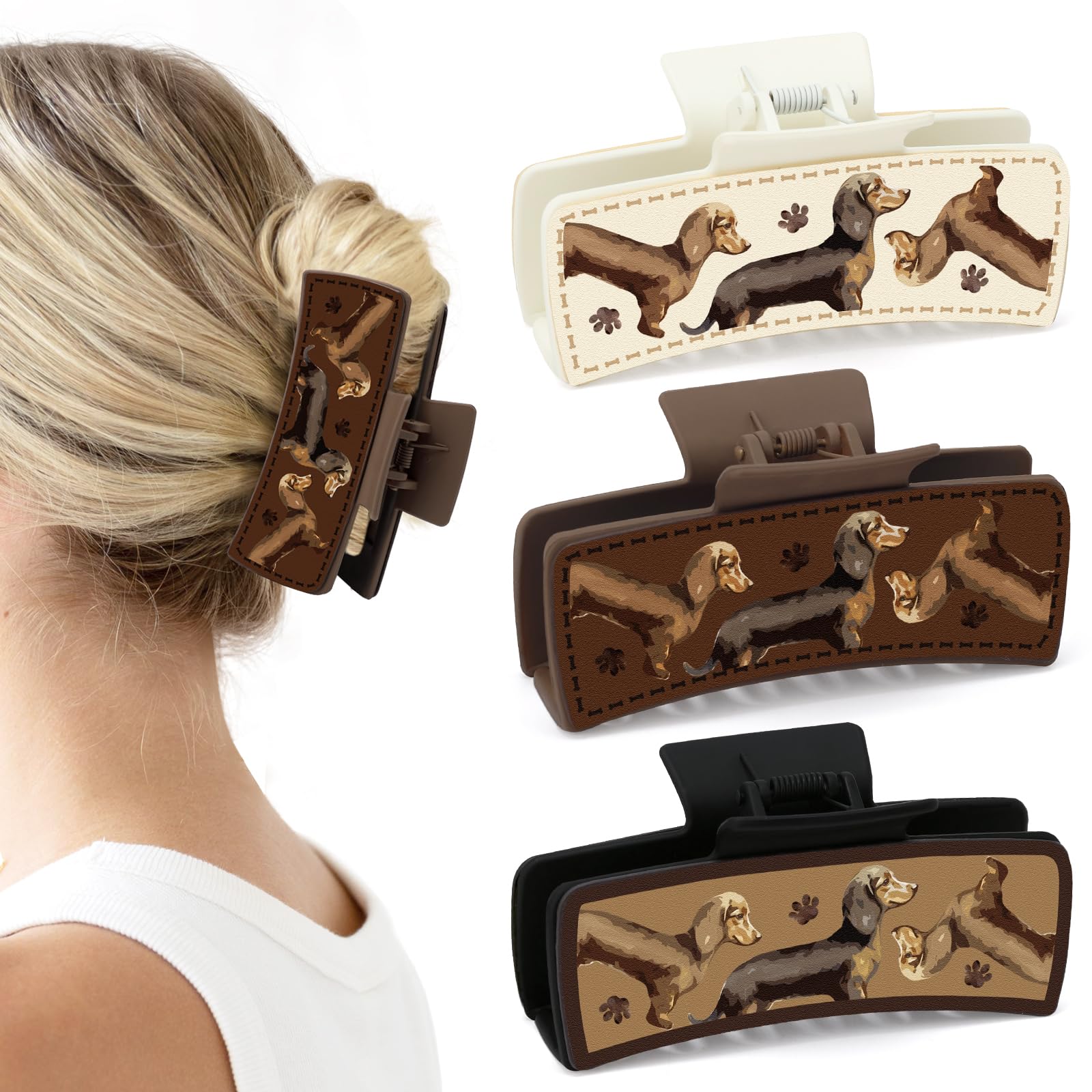 Yussti dachshund clips brown-offwhite pack for secure all-day hair styling.
