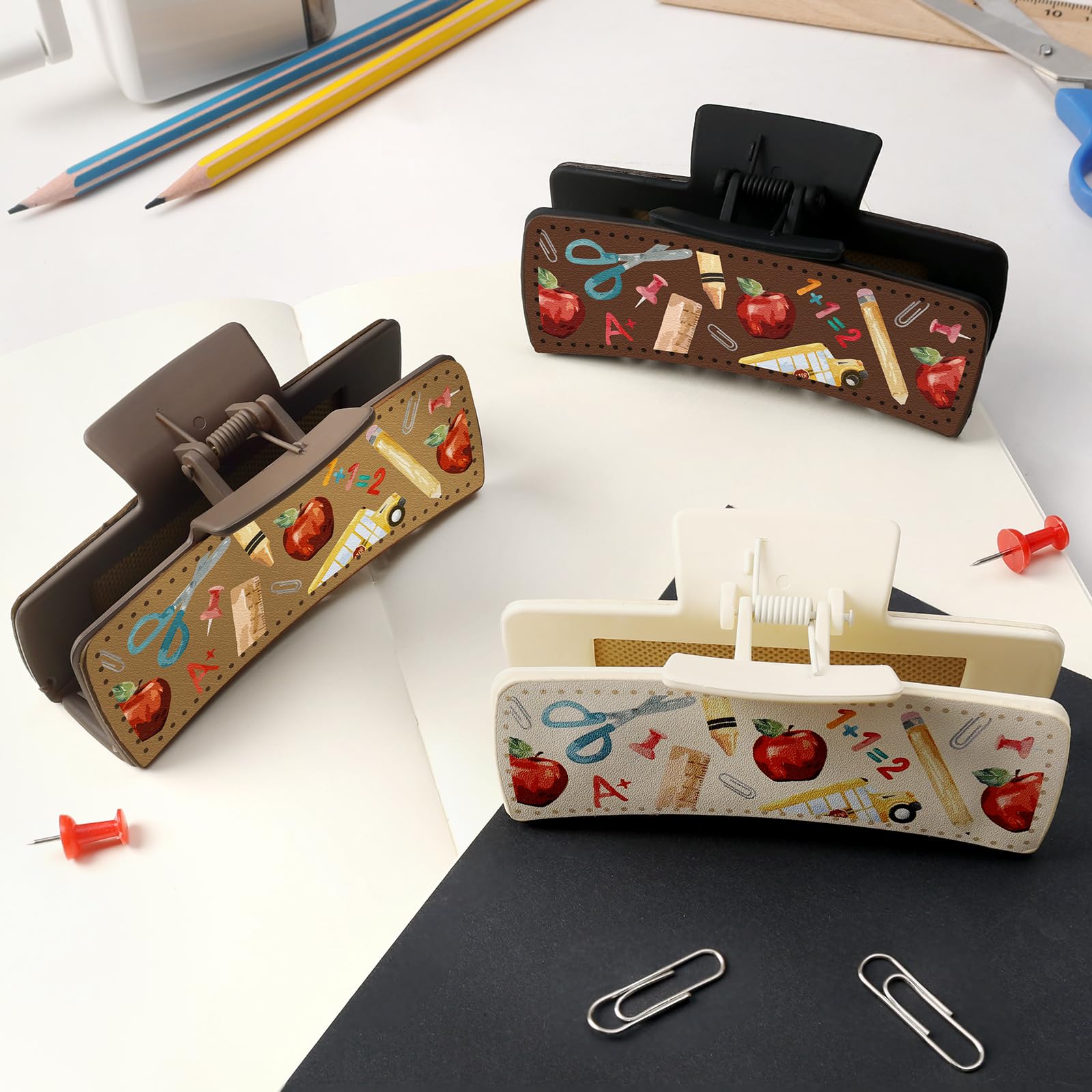 Yussti large claw clip pack apple-ruler pattern suits school styles.