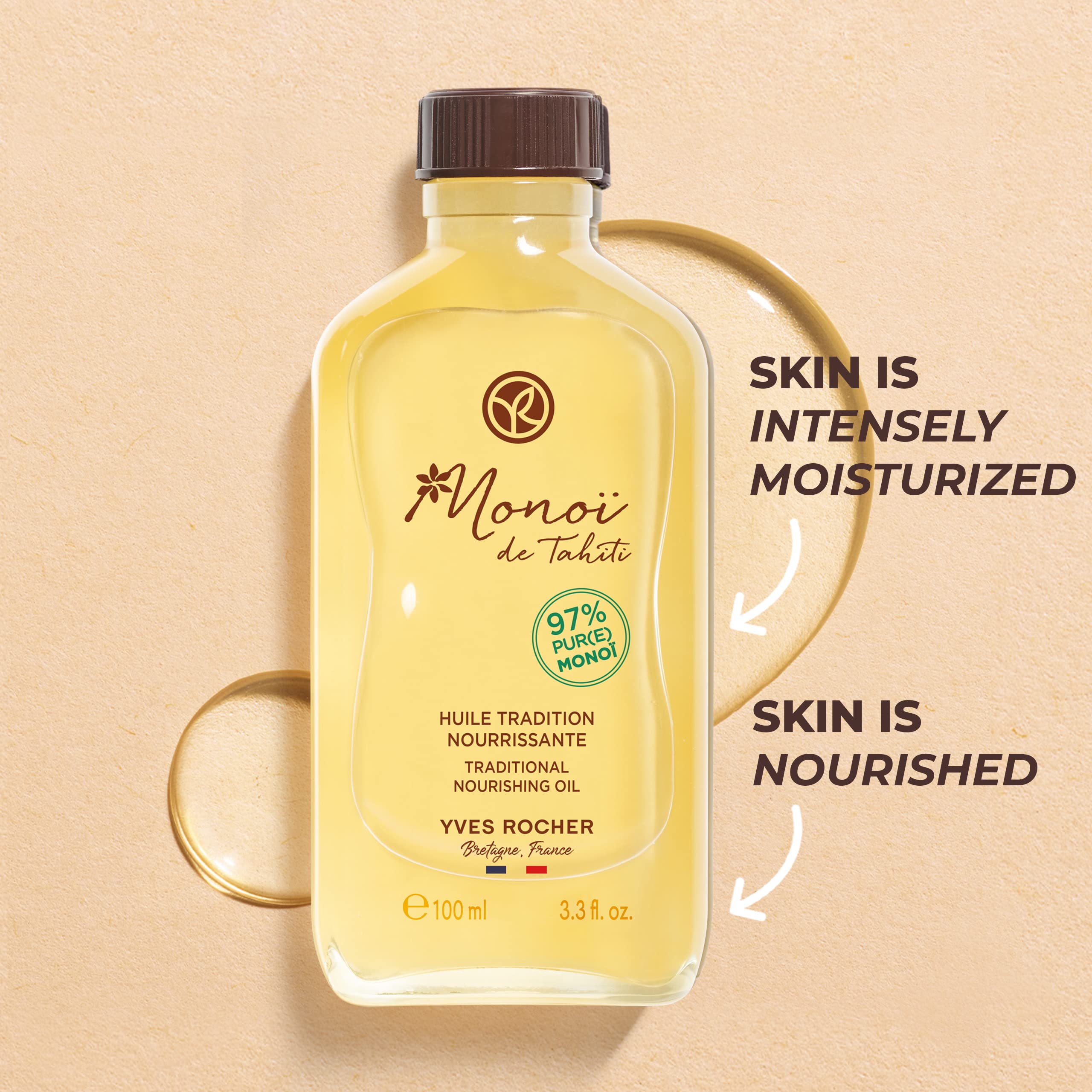 Yves Rocher Monoï Tahiti oil on skin and hair nourishes with a subtle shine.