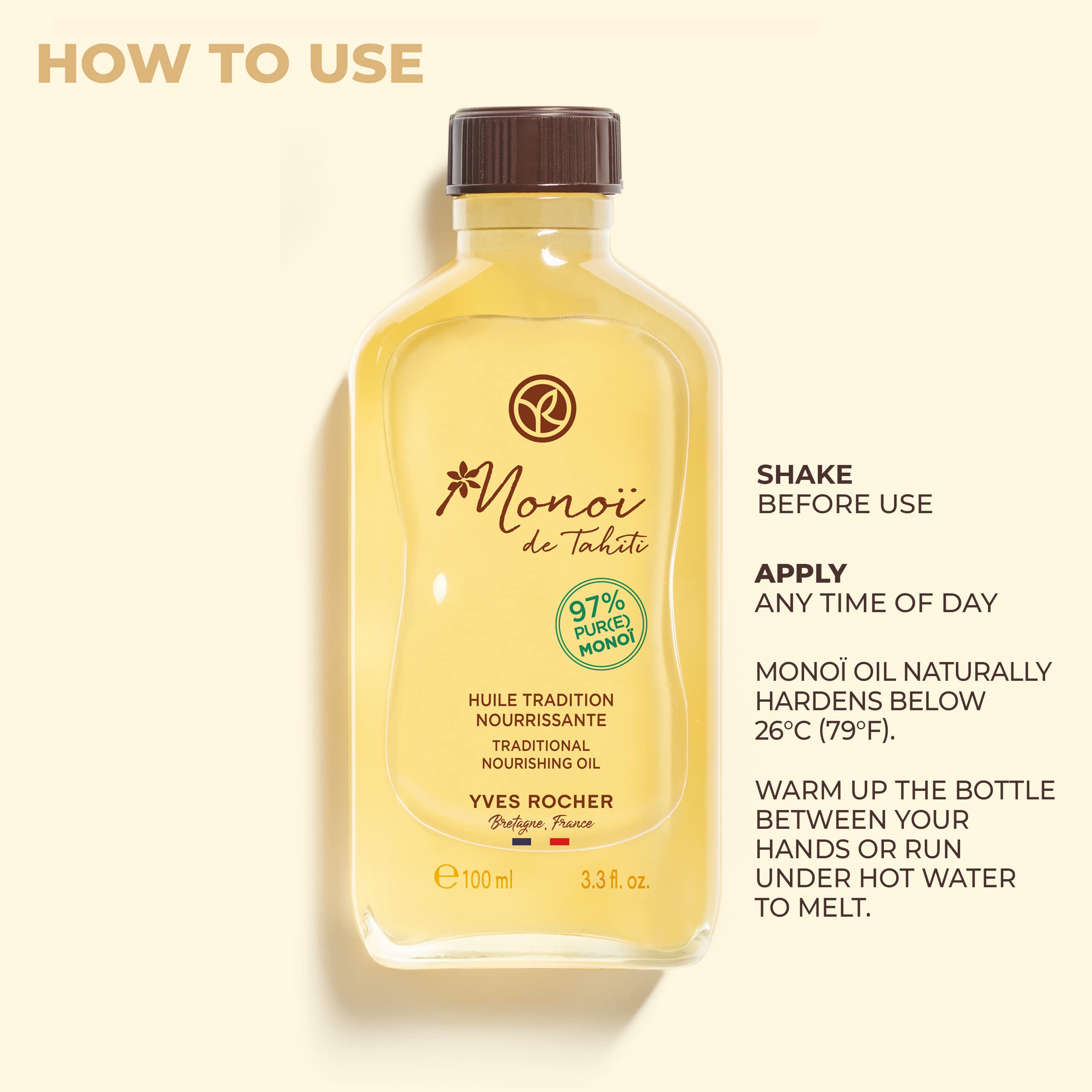 Yves Rocher Monoï Tahiti oil on hair ends for smoother, managed hair.