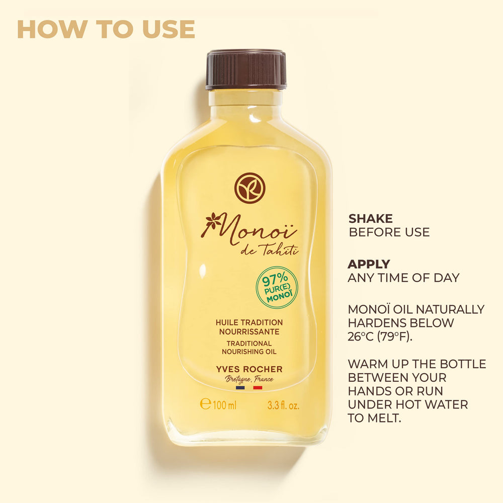 Yves Rocher Monoï Tahiti oil on hair ends for smoother, managed hair.