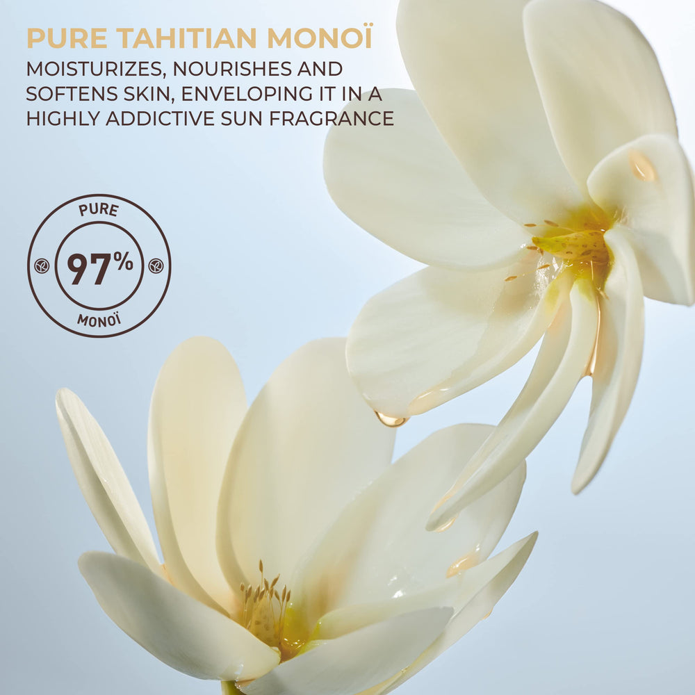 Yves Rocher Monoï Tahiti oil texture gliding on dry skin with a healthy glow.