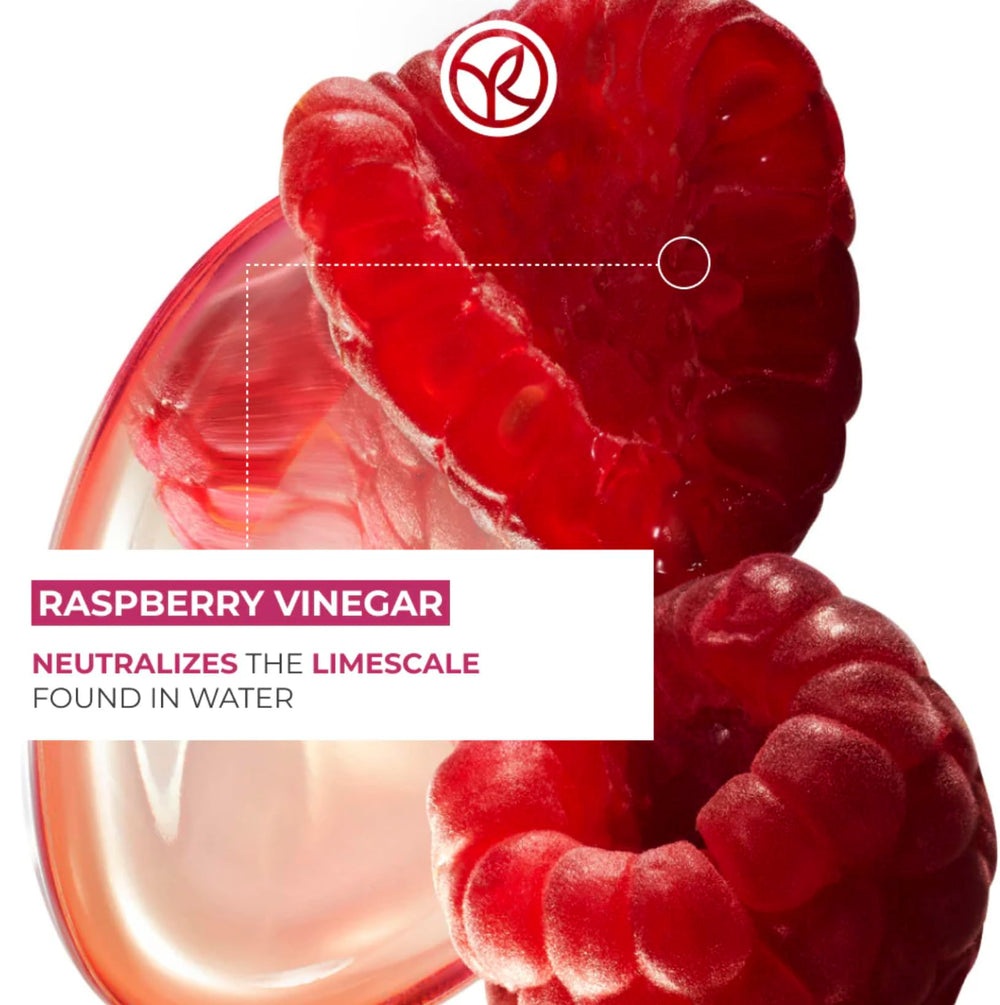 Yves Rocher Raspberry Shine bottle with pour spout demonstrates easy final rinse application