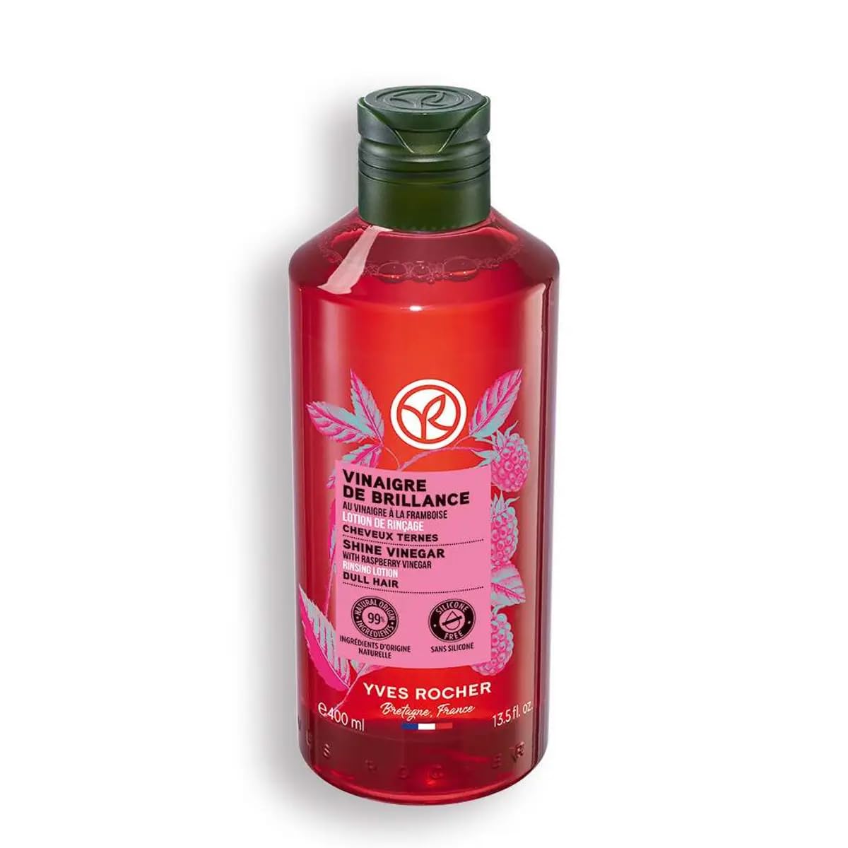 Yves Rocher Raspberry Shine Hair Vinegar bottle highlights refreshing shine for daily gloss