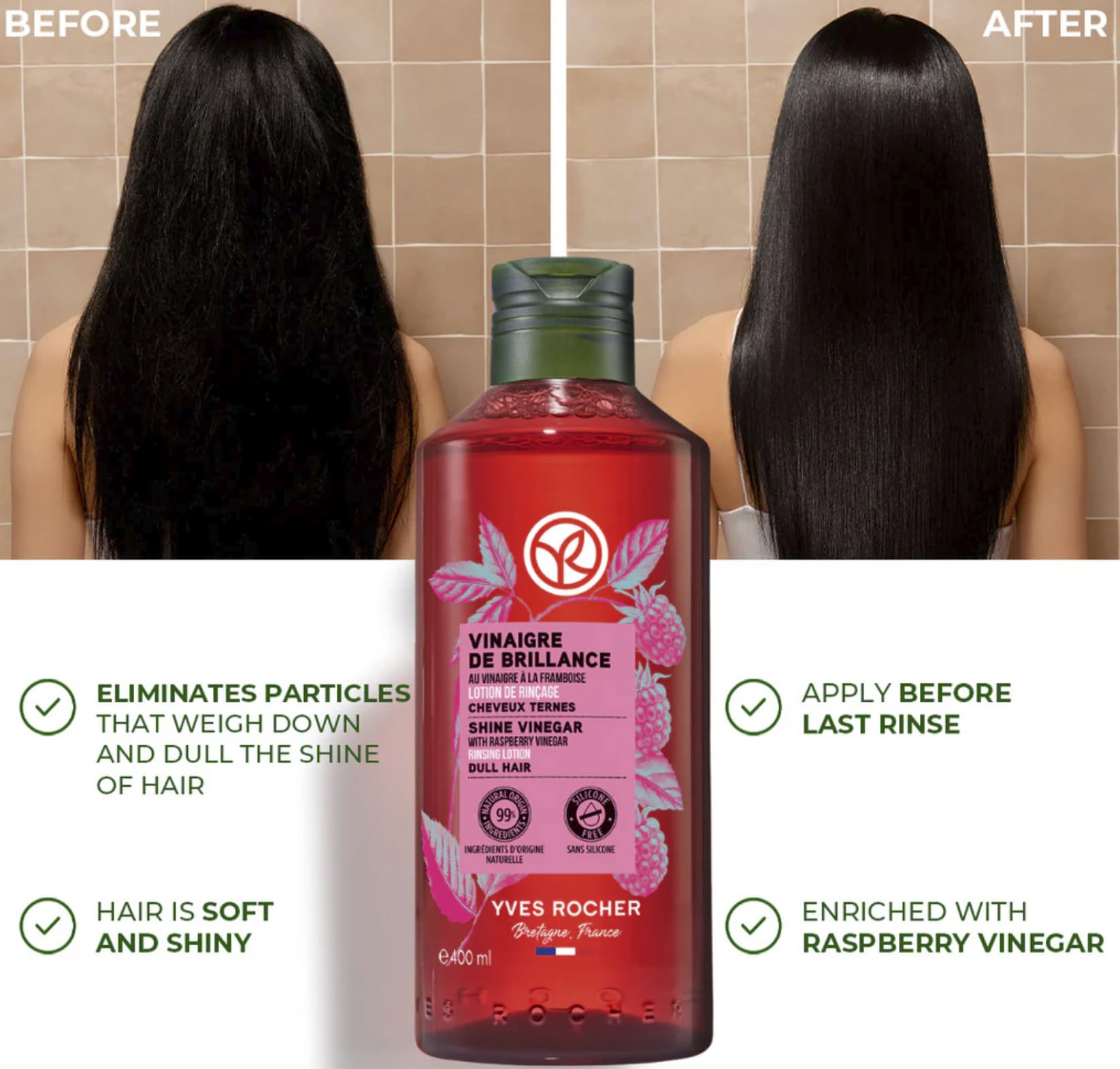 Yves Rocher Raspberry Shine label close-up emphasizes fruity aroma and radiant finish